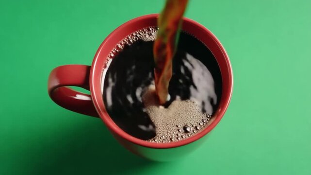 Coffee pouring into a mug: A close-up shot captures the rich, dark brew cascading into a ceramic mug, its inviting aroma filling the space and enticing the senses. 