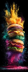 Colorful burger stack erupting with vibrant powder