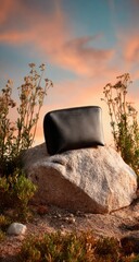 Black pouch rests on a rock, sunset backdrop
