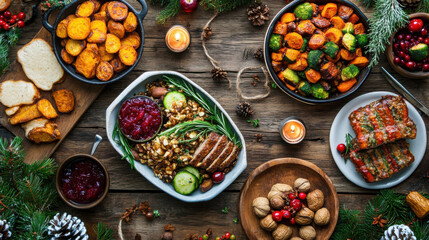 Fototapeta premium Festive holiday feast preparation cozy dining room food photography rustic decor top-down view culinary delight