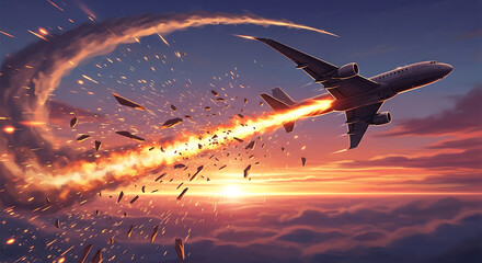 Turbulence A Plane's Fiery Descent Against a Sunset Sky