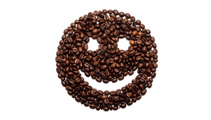 A smiley face formed from coffee beans on a white background.  Close-up, circular arrangement