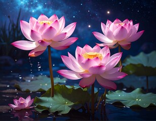 Pink lotus flowers at night