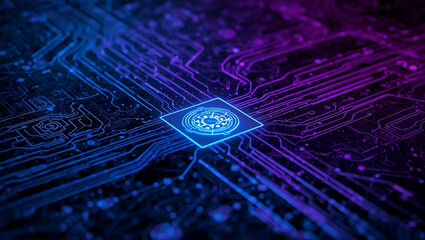 Close-up of a futuristic glowing blue and purple circuit board with a central processing unit, representing advanced technology and digital innovation.