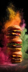 Stacked cheeseburgers, vibrant colors, and smoky effect