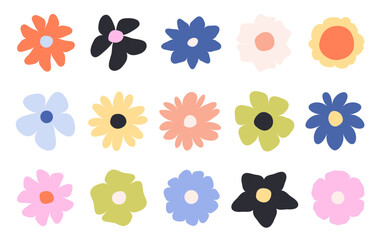 Set of various groovy floral shapes in a paper cutout style. A collection of colorful 70s inspired flower doodles for posters or fun branding.