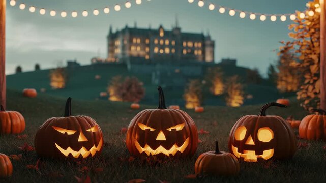 Three carved Halloween pumpkins in the foreground with a castle and string lights Keywords: halloween, pumpkin, jack-o-lantern, carved, glowing, spooky, castle, mansion, string lights, fairy