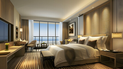 hotel room,Modern Hotel Rooms with Balcony, Scenic Views of Nature and Ocean, Luxury Accommodation, Comfortable Beds, Contemporary Interior Design, Travel and Hospitality