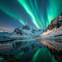 Majestic Arctic night with polar lights illuminating mountain scenery, reflected on frozen river, framed by snowy pine trees and starry horizon.