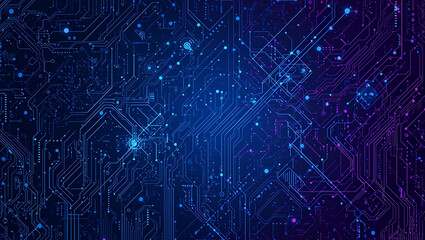 Abstract digital circuit board background with glowing blue and purple lines and data points, representing technology and connectivity.