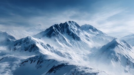 Expansive snow covered mountain peaks under a vast blue sky showcasing a majestic and rugged alpine winter landscape