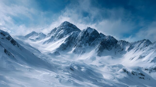 Majestic snow covered alpine peaks under a dramatic blue sky with swirling clouds and wind blown snow