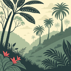 Tropical landscape with palm trees, vegetation and flowers in the jungle
