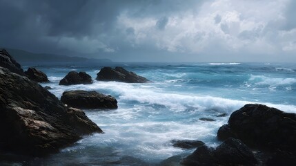 Dramatic stormy waves crash against a rugged rocky coastline under a moody dark sky