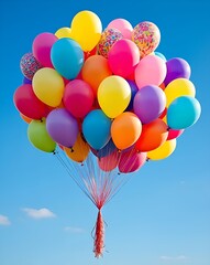 Bunch of colorful balloons floating in the blue sky