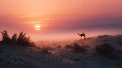 Fototapeta premium A solitary camel walks across desert dunes at sunset bathed in warm soft light
