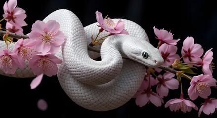 Fototapeta premium Realistic white snake with sakura flower in black background