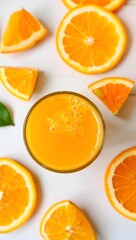 Freshly squeezed orange juice in glass surrounded by orange slices on white table top