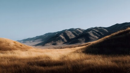 Serene rolling hills covered in golden dry grass beneath a vast clear sky and distant mountains