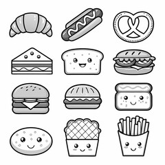 Delightful Array of Kawaii Fast Food and Baked Treats Black and White Illustration