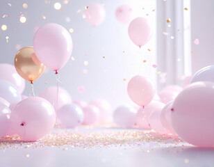 A room filled with pink and gold balloons and confetti（生成AI　Generated Image）