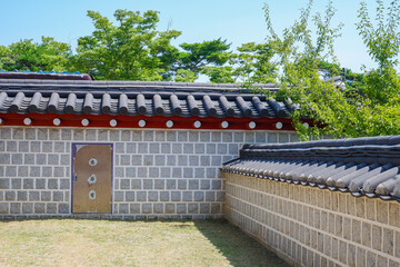 Korean style wall and roof, bukchon hanok villageTraditional Korean style architecture in Seoul South Korea.