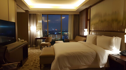 Fototapeta premium hotel room,Modern Hotel Rooms with Balcony, Scenic Views of Nature and Ocean, Luxury Accommodation, Comfortable Beds, Contemporary Interior Design, Travel and Hospitality