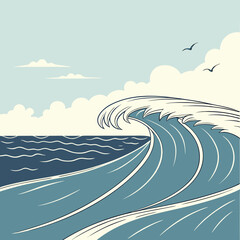Illustration of a large ocean wave with seagulls flying in the sky