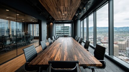 Wide-Angle View of Modern Office Meeting Room with Wood Paneling