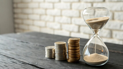 Time and Money Concept with Hourglass and Growing Stacks of Coins