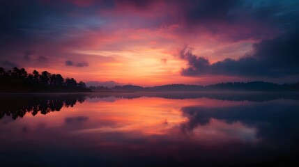 Vibrant sunset over a calm lake with reflections of colorful clouds and silhouetted trees