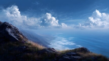 A dramatic cliffside view overlooking a vast blue ocean under a sky filled with scattered clouds highlighting natural beauty