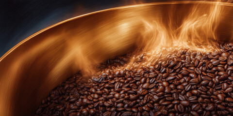 Coffee beans roasting in hot metal drum, releasing steam