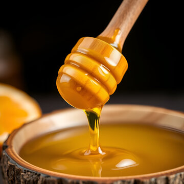 Golden elixir cascading from a wooden dipper creates a tempting and sweet treat experience