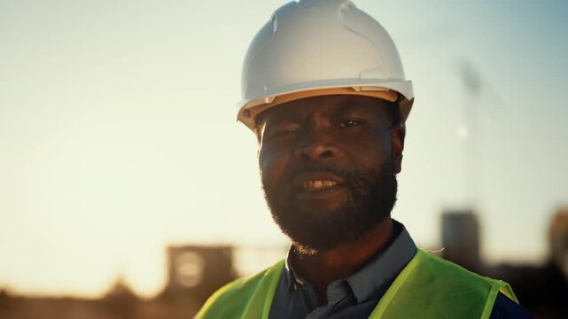 Closeup portrait of self-confident african american foreman on construction site . Black man with helmet looking at camera in sunny day, professional construction of residential buildings in city