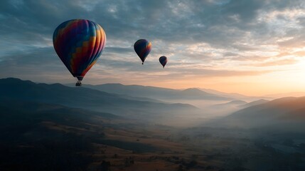 Obraz premium Colorful hot air balloons float over a misty mountain valley at sunrise