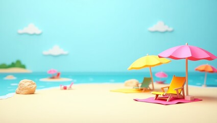 Beach Scenery with Deck Chair and Pink Umbrella
