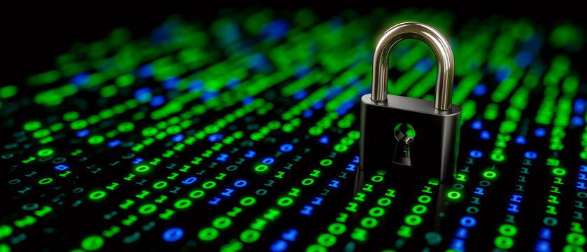 Digital Fortress: A stark padlock rests atop a matrix of binary code, symbolizing secure data, with an atmosphere of data protection. The scene conveys strong cybersecurity.
