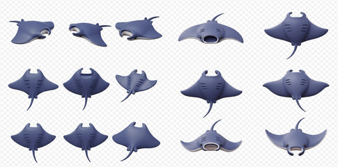 Collection of stylized manta ray illustrations in various poses and angles on a transparent background.
