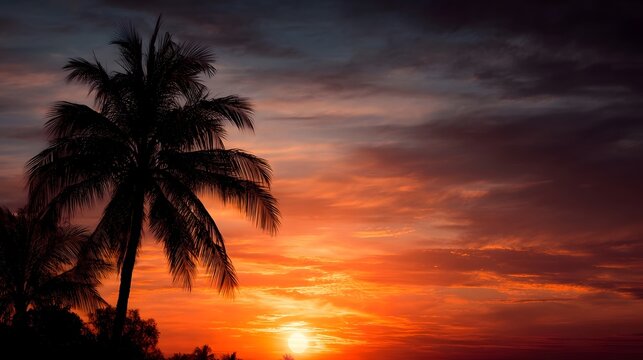 Silhouette of a tropical palm tree against a vibrant colorful sunset sky evoking a sense of peace and relaxation - Powered by Adobe