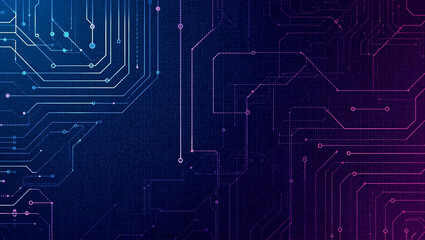 Abstract digital circuit board pattern with glowing lines on a dark blue and purple gradient background, representing technology and data flow.