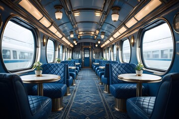Obraz premium Elegant train interior with blue seats and tables for a luxurious travel experience