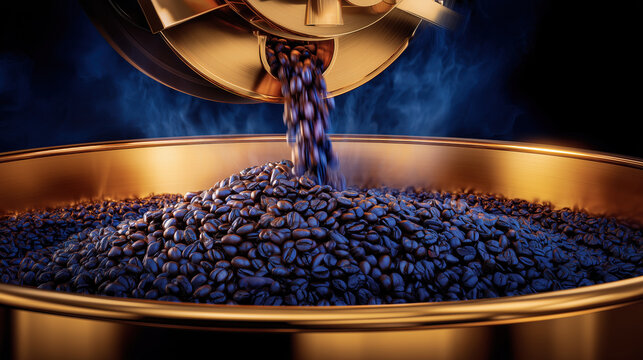 Roasted coffee beans pouring into golden cooling drum