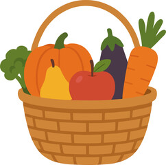 Basket with fruit and vegetables isolated on white background. Food concept. Harvest concept. Thanksgiving.