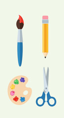 Art supplies: paintbrush, pencil, palette, and scissors on a light background.