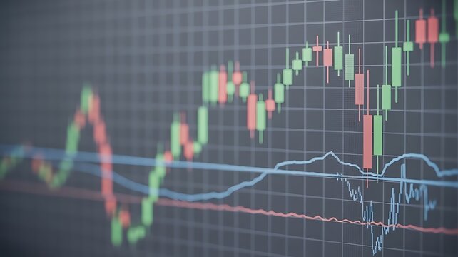 Close up of a stock market chart with green and red candles on dark grid