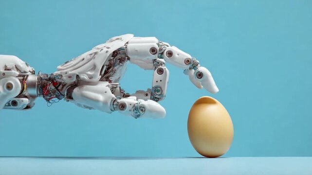 Robotic hand touching egg: A futuristic robotic hand delicately interacts with a single egg, poised against a solid backdrop. Evoking themes of artificial intelligence, precision.