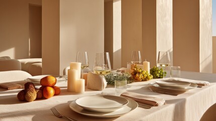 Minimalist Festive Dinner Table Setting with White Porcelain and Fruits