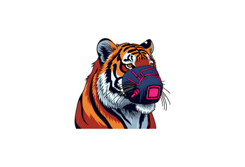 Royal Bengal tiger wearing futuristic neon oxygen mask in cyberpunk jungle.