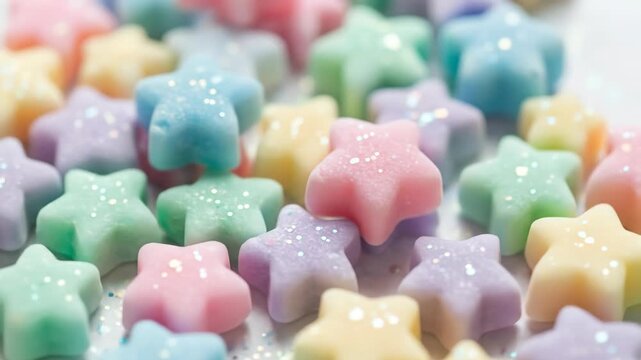 Pastel colored candy stars with sparkles, close-up abstract pattern